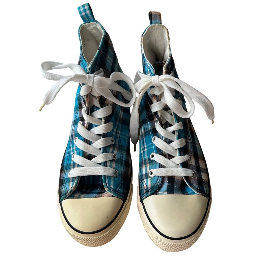 Twisted Brand High Top Canvas Sneakers Blue Plaid Pattern Women's Size 8